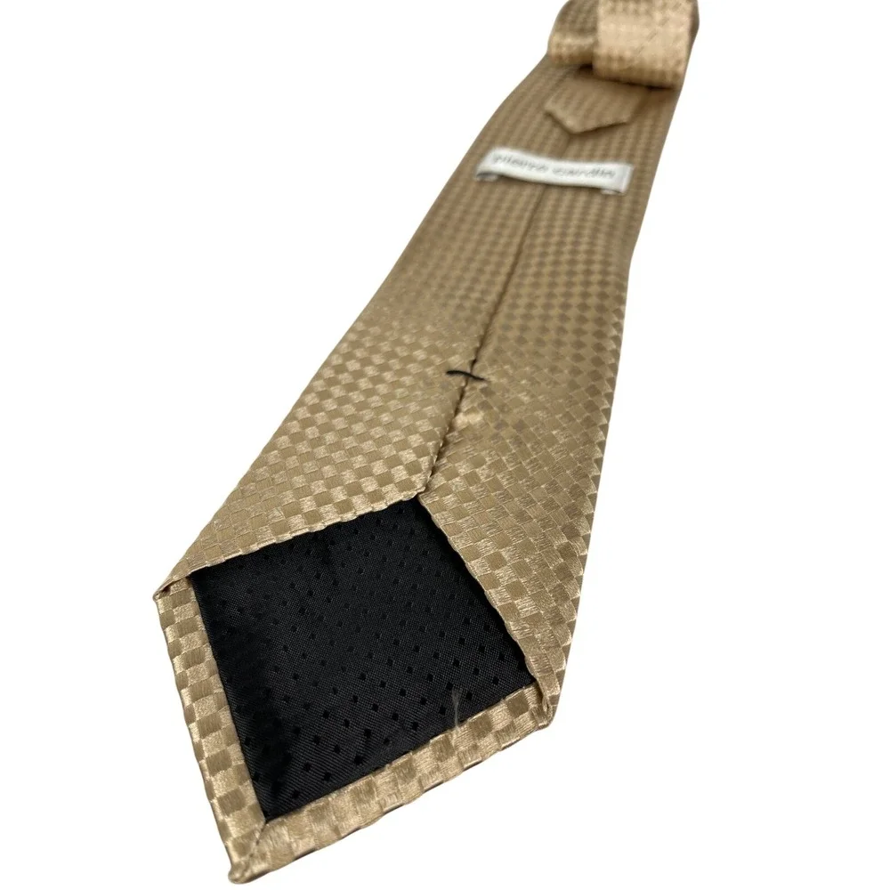 Pierre Cardin Mens Gold Champagne Checkerboard‎ Woven Formal Silk Necktie Tie